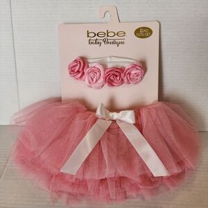 Bebe Baby Boutique Baby Girl Pink Tutu & Floral Headband 2 Pc Set Sz 0-6 Months